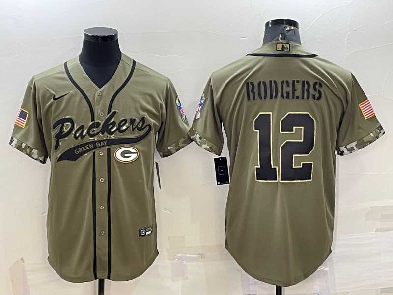 Men%27s Green Bay Packers #12 Aaron Rodgers Olive 2022 Salute to Service Cool Base Stitched Baseball Jersey
